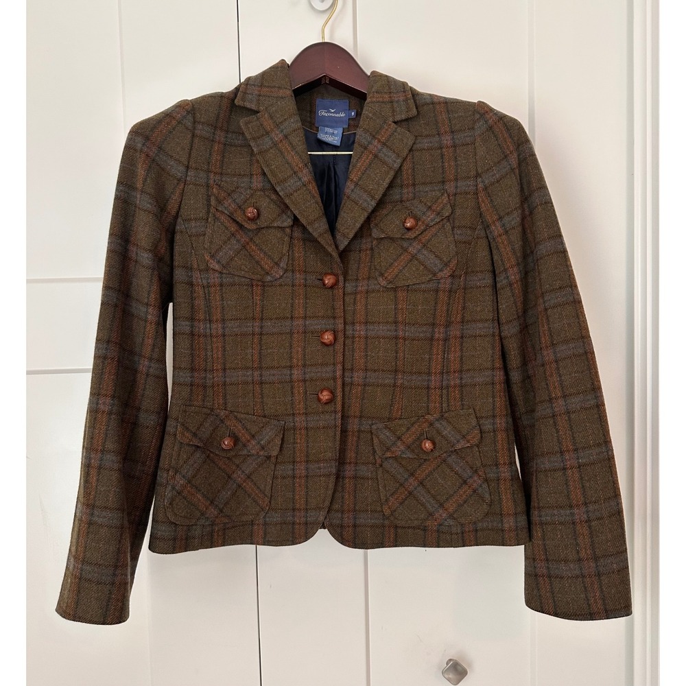 Faconnable Women Brown Plaid 100% Wool Blazer Jacket 4-Pocket French Design 10